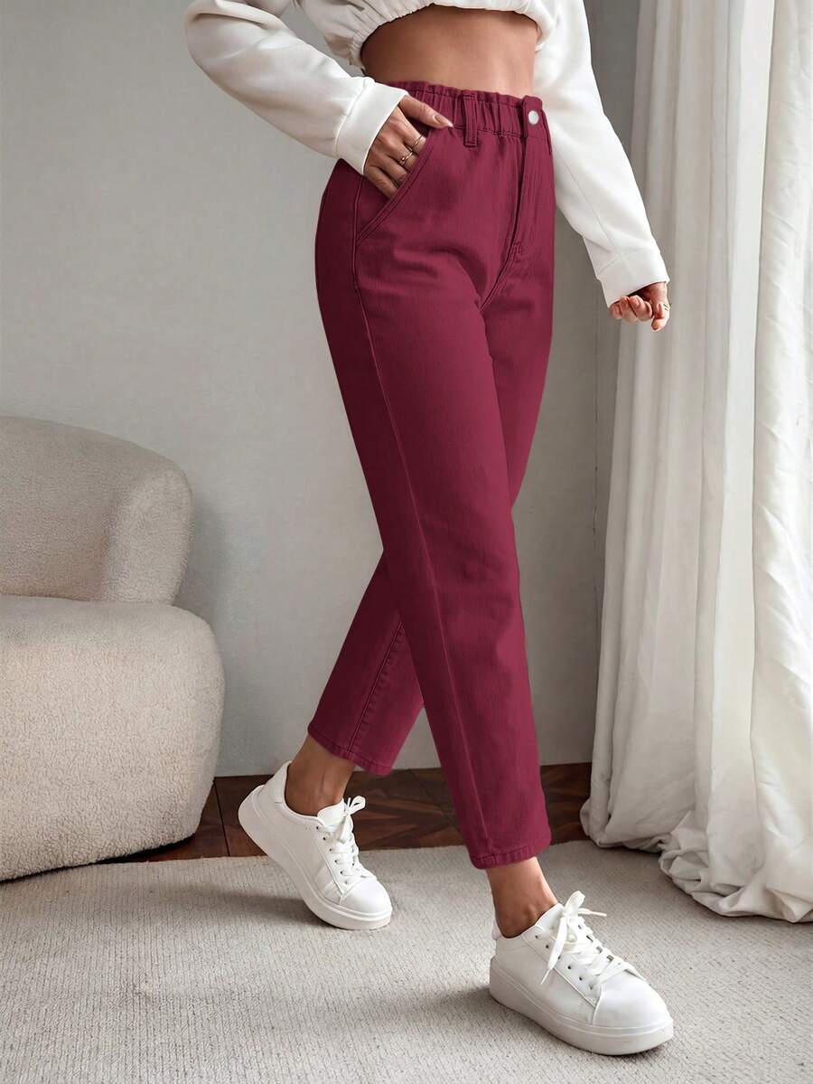 EMERY ROSE Women's Summer Paperbag Waist Straight Leg Jeans - Burgundy - View 1