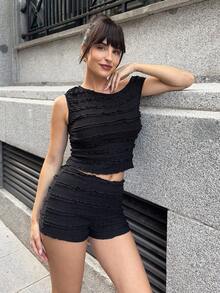 Marta Soriano 女士度假春夏两件套：红白条纹针织不对称肩部短款上衣和超低腰紧身短裤，适合派对、圣诞节、情人节、约会、海滩、游轮、狂欢节、复活节 - 黑色 - 查看 3