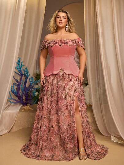 Glamrae Plus Size Elegant Multi-Color Romantic Mesh Floral Print Patchwork Satin Asymmetric Maxi Dress With High Slit, Suitable For Dates, Vacations, Singles Parties, Weddings, Back To School, All Formal Occasions, Red Carpet, Concerts, Formal Galas