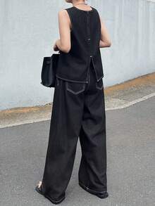 FRIFUL Conjunto de chaleco y pantalones de mezclilla casual para mujer - Azul - Ver 5