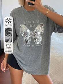 Livesso Women's Shiny Sequin Butterfly Letter Print Grey Top, Loose Casual Streetwear Short Sleeve T-Shirt, Summer City Break Music Festival Vacation Vibe - Grey - View 1