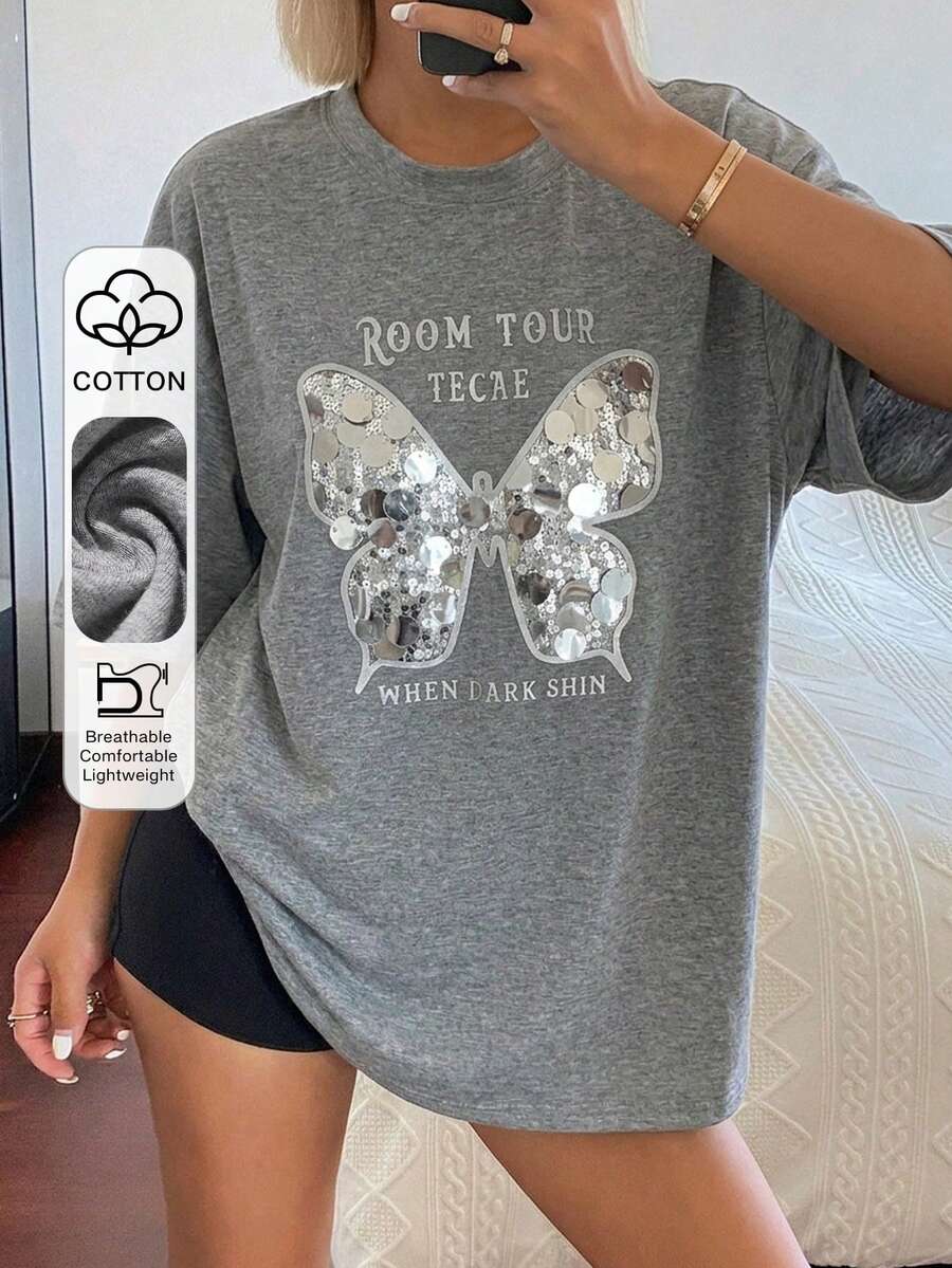 Livesso Women's Shiny Sequin Butterfly Letter Print Grey Top, Loose Casual Streetwear Short Sleeve T-Shirt, Summer City Break Music Festival Vacation Vibe - Grey - View 1