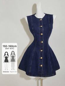SHEIN PETITE Vestido corto de mezclilla sin mangas con botones delanteros para mujer, vestimenta casual de verano, vintage y de fiesta para mujeres. Vestido de mezclilla sin mangas con cintura ajustada y botones delanteros para mujer - Azul lavado oscuro - Ver 1