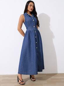 SHEIN Tall Vestido midi de mezclilla con botones y sin mangas con cuello para mujer alta de SHEIN, atuendos casuales, elegantes y de uso diario para mujeres en verano - Azul lavado oscuro - Ver 11