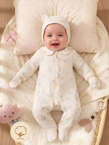 SHEIN Bộ áo liền quần dài tay, mũ và găng tay họa tiết gấu bằng vải muslin cotton màu mơ cho trẻ sơ sinh, thích hợp mặc ở nhà. - Màu be - Xem 8