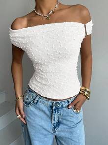 Siren Gaze Áo thun croptop ôm sát, màu trơn, chất liệu vải có họa tiết, hở vai, dành cho nữ, thích hợp cho kỳ nghỉ hè ở bãi biển. - trắng - Xem 6
