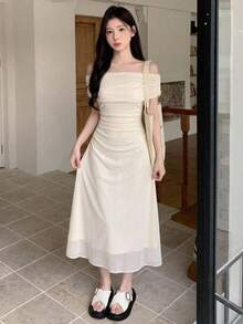 DAZY Off Shoulder Solid Ruched Side Mesh Overlay Homecoming Dress Prom Dress Elegant Sundress Wedding Women Dresses Maxi Dress Cocktail Dress - Beige - View 14