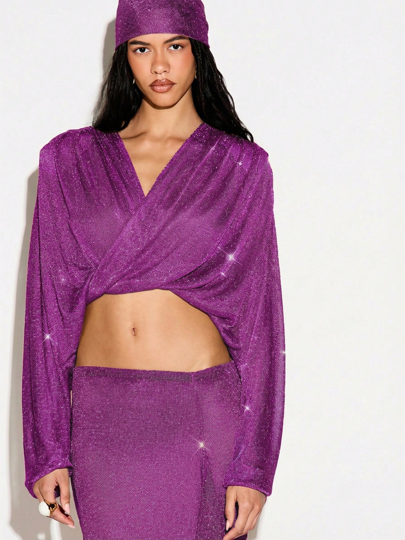 KIZN Sequined Draped Crop Top With V Neck