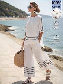 Faunlyn Women's Vacation Casual Contrast Stripe Side Slit Top And Pants 2 Pieces Set - White - View 1