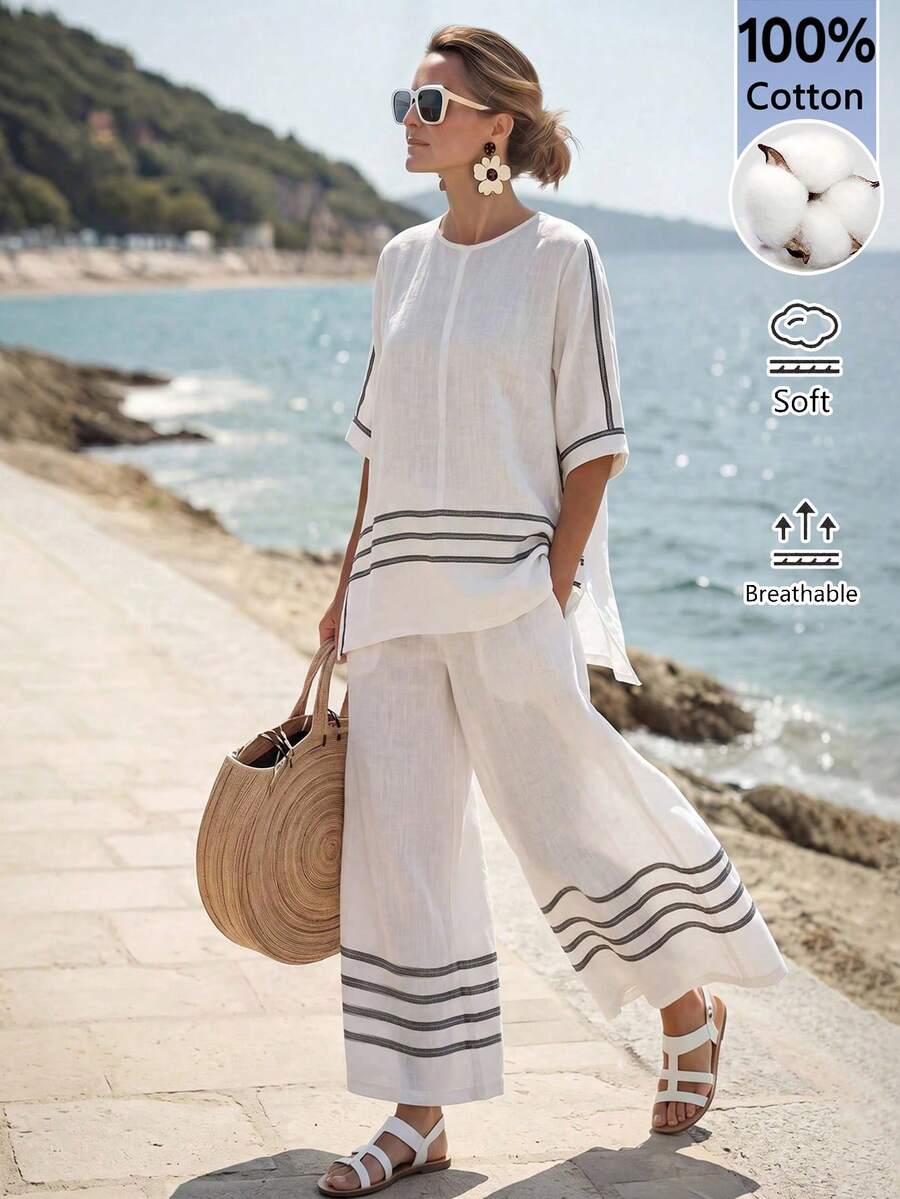Faunlyn Women's Vacation Casual Contrast Stripe Side Slit Top And Pants 2 Pieces Set - White - View 1