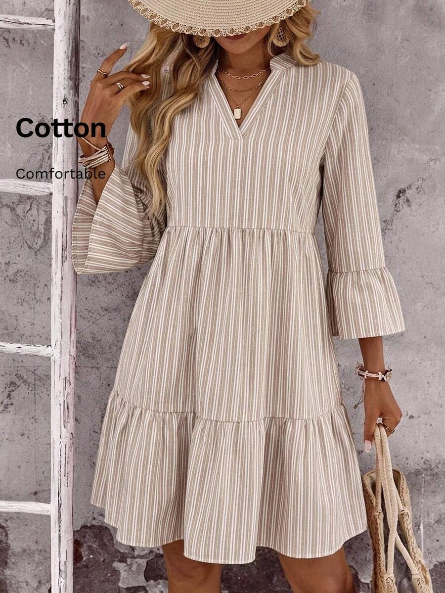 EMERY ROSE Women's Casual Striped Notched Neck Ruffle Hem Short Dress For Summer,Dresses For Women Summer - Multicolor - View 1