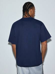 Modcrash Men's Summer Geometric Line & Letter Graphic Print Loose Fit Pullover Sweatshirt, Navy Blue - Navy Blue - View 3