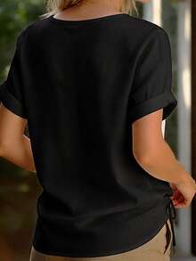 Zayélia Camisa de mujer de manga corta con cuello en V sólido, versátil para uso diario casual - Negro - Ver 2