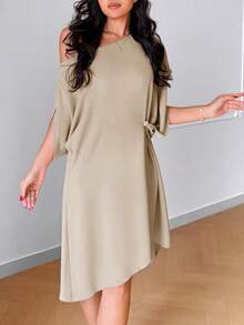 SHEIN Khaki Casual Long Dress For Women Plain Round Neck Batwing Short Sleeve Tunic With Twist Detail Straight Hem Beach Dress - Khaki - View 7