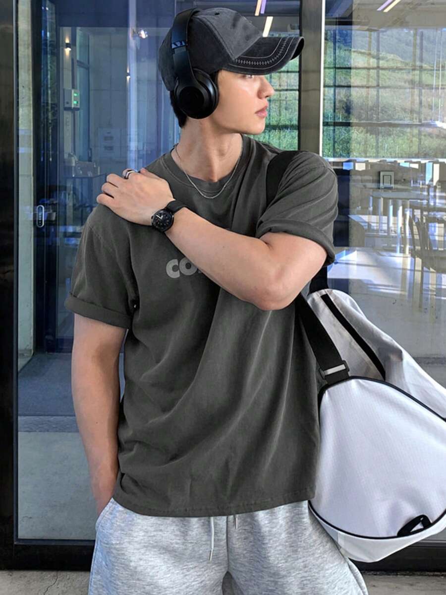 DAZY Áo thun nam cổ tròn màu xám in chữ, thích hợp cho mùa hè. - Xám - Xem 1
