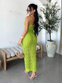 SHEIN SXY Women's Solid Color Hollow Out Bodycon Slip Dress ,Summer Neon Green Sets Woman Lime Women - Green - View 2