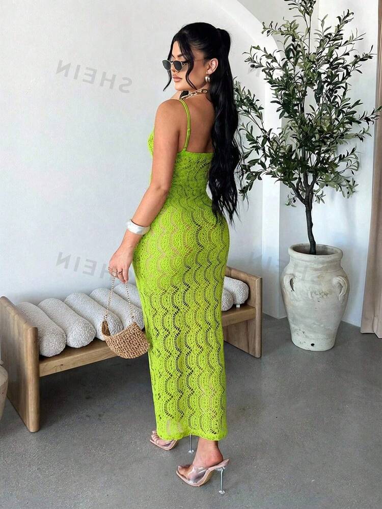 SHEIN SXY Women's Solid Color Hollow Out Bodycon Slip Dress ,Summer Neon Green Sets Woman Lime Women