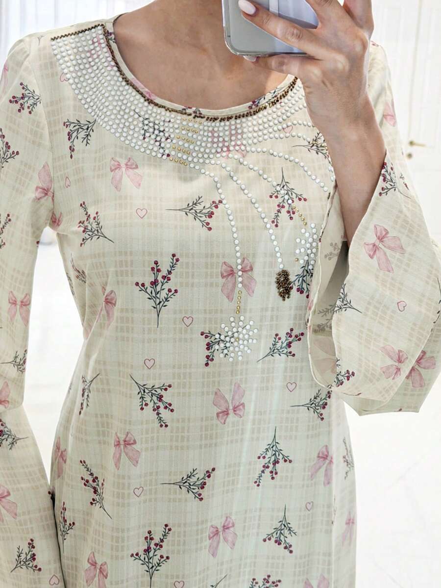 Yasmyna Vestido de estilo árabe con cuello redondo, manga larga y estampado de lazos para mujer - Multicolor - Ver 1