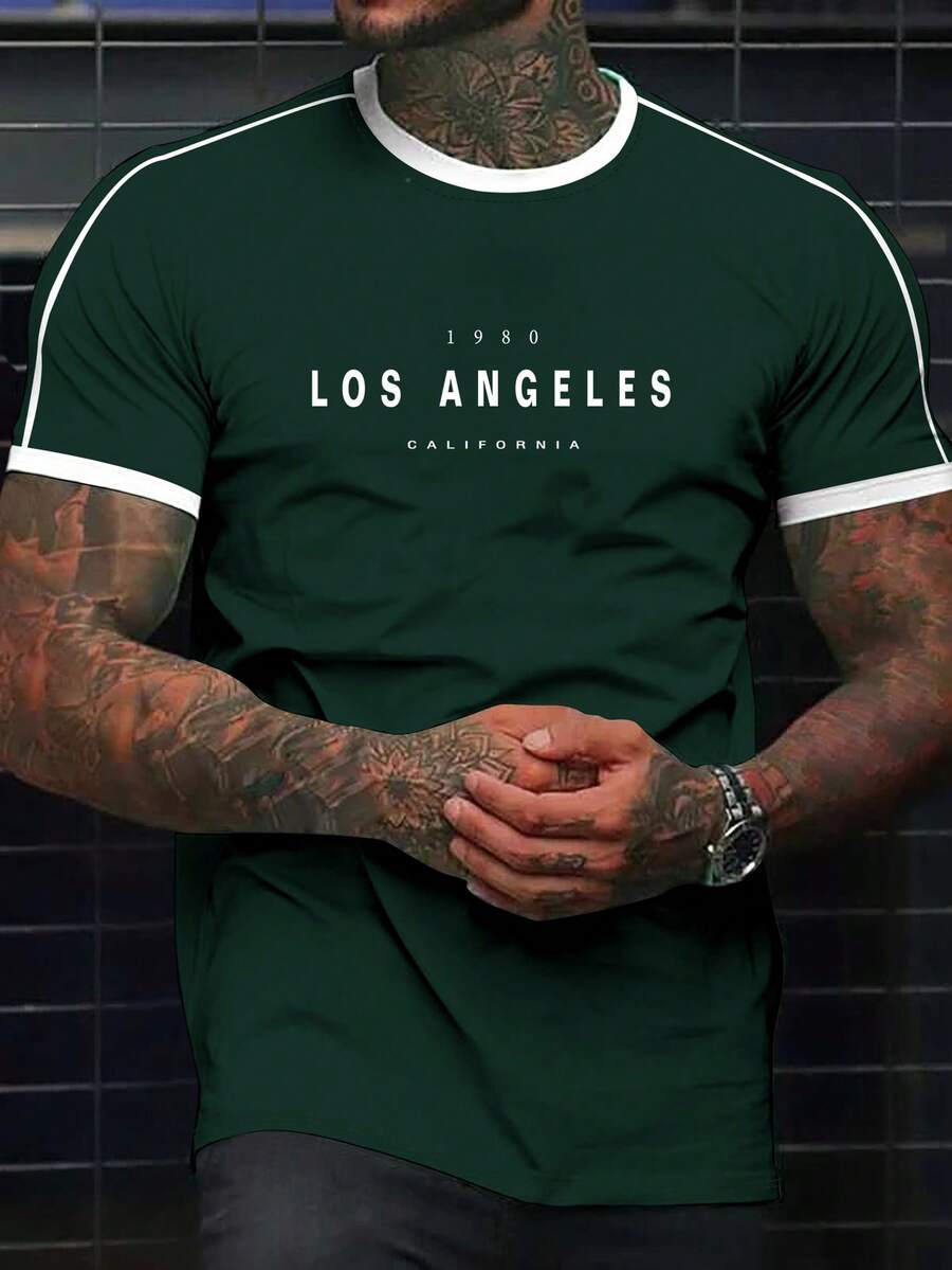 Manfinity Homme Áo thun nam cỡ lớn kiểu dáng thường ngày, phối chữ và họa tiết tương phản, phù hợp để mặc hàng ngày. - Màu xanh lá cây đậm - Xem 1