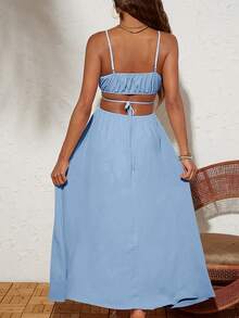 Travachic Vestido de verano de unicolor con espalda descubierta y cintura anudada - Celeste - Ver 2