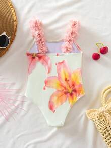 SHEIN Traje de baño de una pieza con estampado floral y volantes para niña joven - Multicolor - Ver 4