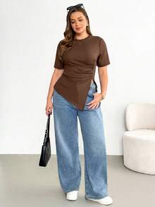 Shapeblank Áo thun nữ cỡ lớn thời trang xuân/hè, thoải mái, co giãn, dễ chịu, cơ bản, đa năng, tôn dáng, vạt áo bất đối xứng, eo nhún, tay ngắn, màu đen, trang phục mùa hè, áo ôm dáng, áo đi chơi. - Màu nâu  Mocha - Xem 4