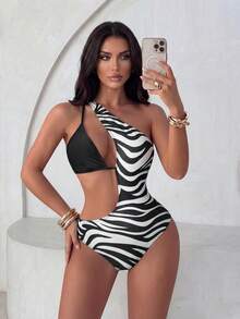 Swim SXY Women One-Pieces Asimetris Memotong Zebra Stripe Seksi - MultiWarna - View 4