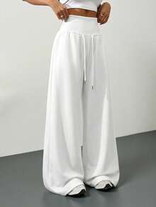 SHEIN Tall 灰色針織抓絨抽繩腰鬆垮運動長褲，冬季畢業季、返校穿搭、畢業禮、女教師秋季服飾，適合高個女性 - 白色 - 查看 6