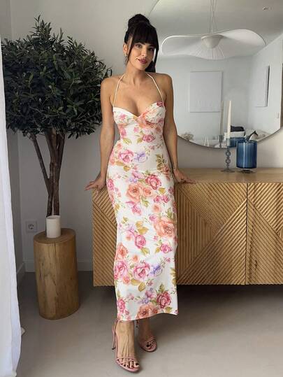 Marta Soriano 女士优雅性感花卉印花露背连衣裙