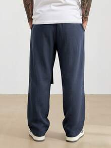 Manfinity Hypemode Men's Faux Linen Long Pants, Single-Color Pleated Design, Mid-Rise Waistline, Straight-Leg Trousers, Casual Style, Internal Pockets. Suitable For Everyday Office Wear. - Blue - View 2