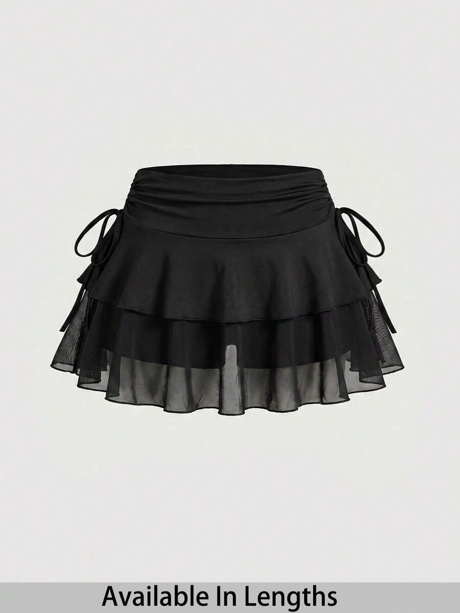 SHEIN PETITE CURVE Váy xòe màu trơn với chi tiết dây rút và xếp ly. - màu đen - Xem 1