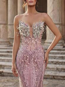 Glamrae Elegant Luxurious Sequin Embellished Strapless Mermaid Dress, Suitable For Weddings, Parties, Vacations, Galas, And Formal Events - Pink - View 1