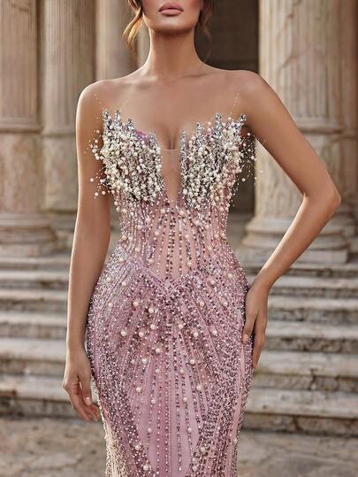 Glamrae Elegant Luxurious Sequin Embellished Strapless Mermaid Dress, Suitable For Weddings, Parties, Vacations, Galas, And Formal Events