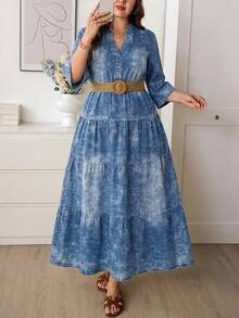 Comfylo Vestido elegante con cuello en pico y volantes en el bajo para mujer de talla grande en azul - Azul - Ver 8