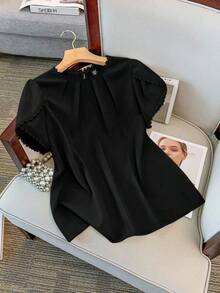 GlowEve CURVE Women's Elegant Casual Solid Color Lace Patchwork Ruffle Collar Petal Sleeve Blouse - Black - View 6