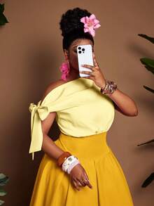 Maweii Plus Size Tie-Front Sleeveless Contrast Color Casual Romantic Dress - Yellow - View 2