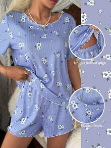 CottageSlumber Conjunto de pijama de manga corta y pantalones cortos con punto de costilla floral y tejido suelto para mujeres - Azul - Ver 2