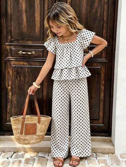Elladie kids 2pcs/Set Toddler Girls' Vintage French Casual Polka Dot Print Square Collar Puff Sleeve Top + Elegant Loose Pants Suit, Suitable For Daily Casual, Vacation, Family Gathering, Birthday Party, Afternoon Tea, Small Children's Activities, Mother's Day Gift