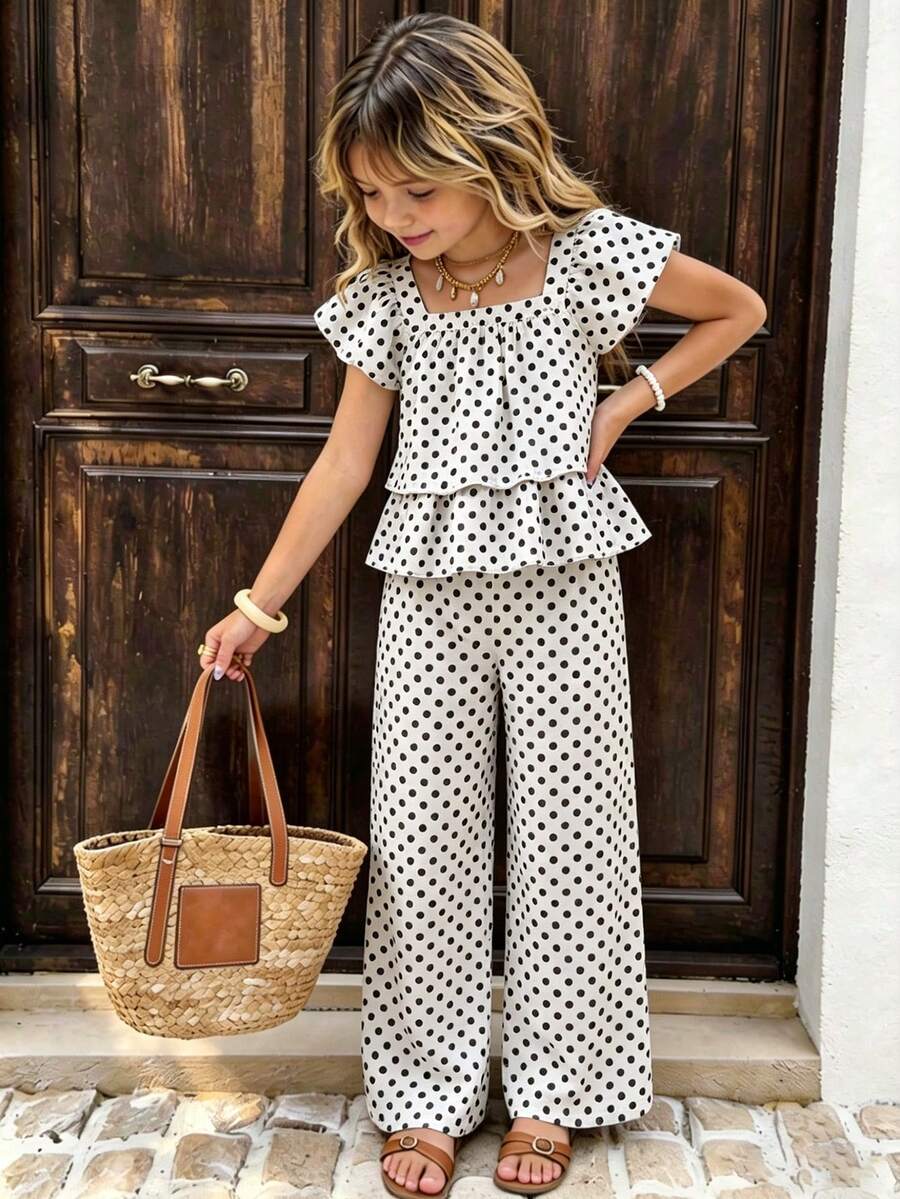 Elladie kids 2件組少女復古圓點泡泡袖上衣與寬鬆長褲,夏季家庭度假度假套裝,休閒方領套裝 - 白色 - 查看 1