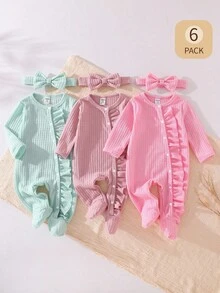 6件組女嬰新生兒女童服飾，灰粉色純色長袖連身衣與髮帶套裝，秋冬家庭套裝居家服，適合春季 - 彩色 - 查看 6