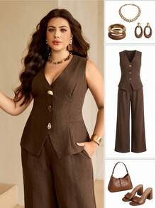 Roveilla Plus Size Women's Summer Elegant Brown Dinner 2-Piece Set,Linen-Like V-Neck Sleeveless Vest With Metal & Wood Buckle,Back Tie Wide Leg Pants Workwear - Brown - View 8