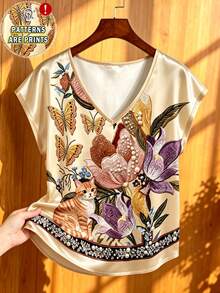 Lacomfia 花卉植物與貓咪刺繡圖案女款淺杏色上衣，時尚V領短袖T恤，花卉印花女裝，夏季復古優雅度假風穿搭 - 彩色 - 查看 1