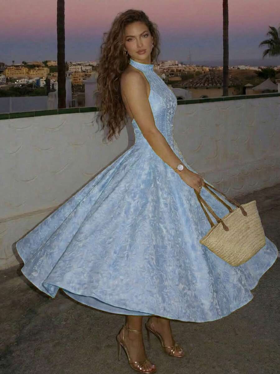Glamine Charm Vintage 3D Embossed Floral V-Neck Sleeveless Flared Dress For Women - Blue - View 1