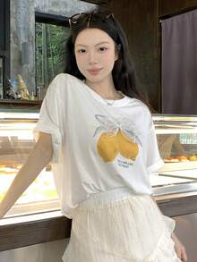 DAZY 女士圆领字母水果印花休闲百搭日常短袖T恤图案T恤女夏季 - 白色 - 查看 5