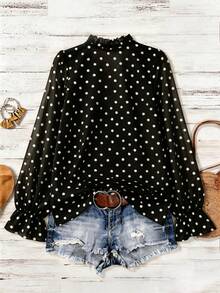 Linhara Plus Size Fashionable Ruffled Polka Dot Chiffon Long Sleeve Casual Shirt, Brown, Suitable For Summer Leisure & Holiday - Black - View 2