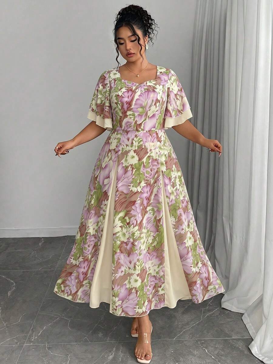 Modelyn Plus Size Floral Print Square Neck Flutter Sleeve Maxi Dress Elegant Modest Boho Chic Afternoon Tea Brunch Party Vacation Summer Dresses Beige - Multicolor - View 1