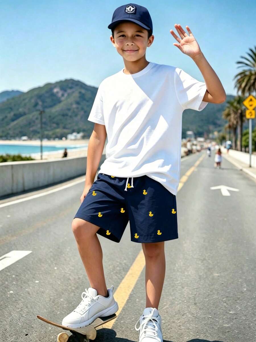 青少年男孩卡通鸭子印花休闲短裤,适合旅行、海滩度假、游泳等场合 - 彩色 - 查看 1