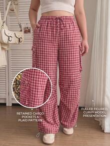 SHEIN MOD Pantalones Cargo a Cuadros Talla Grande, Casual Vacacional, Estilo Mix & Match, Dulce & Fresco, Retro, Casual Femenino - Rojo - Ver 8