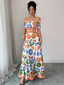 Elenzga Women's Floral Print Off-Shoulder Waist Hollow Out Twist Long Dress, Suitable For Beach, Vacation - Limelight Green - View 5