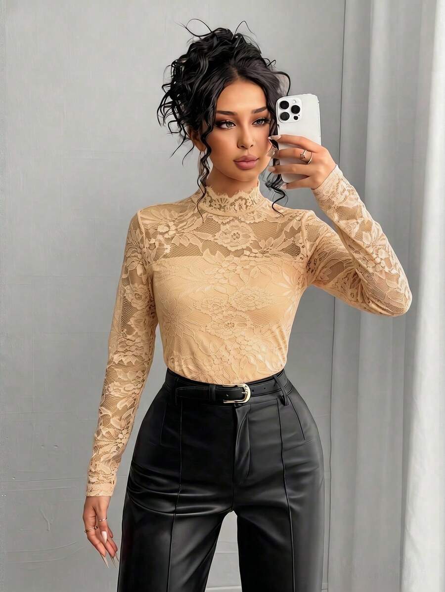 Rafferiza Women's Elegant Solid Color Lace Collar Sheer Sexy T-Shirt - Apricot - View 1